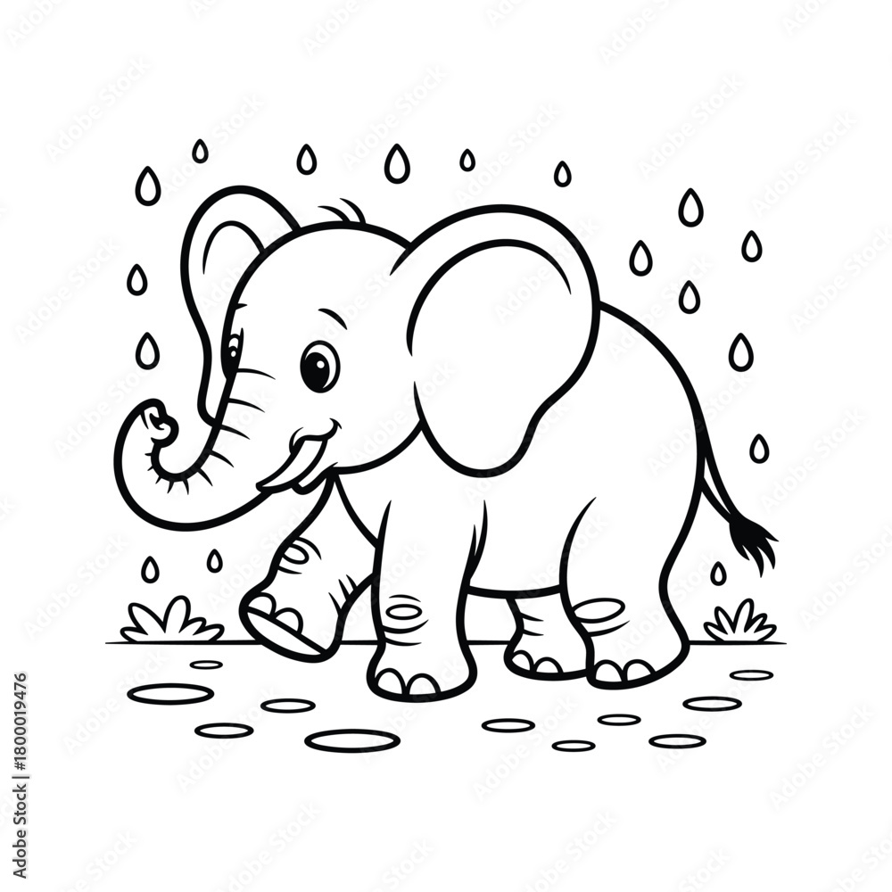 Obraz premium Cartoon elephant walking in the rain with raindrops and puddles line art animal vector illustration.