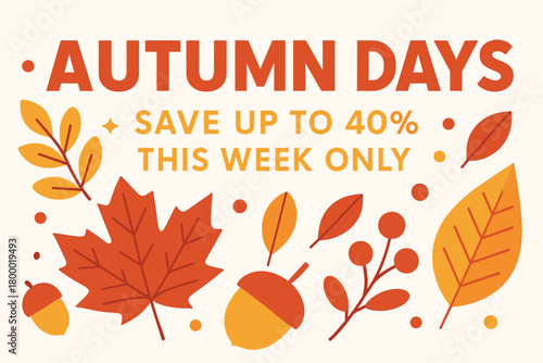 Flat vector banner design text Autumn Days subtitle Save up to 40% this week only bold geometric font red and gold palette