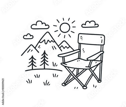 handdrawn cute doodle style mountain view camping chair vector line illustration