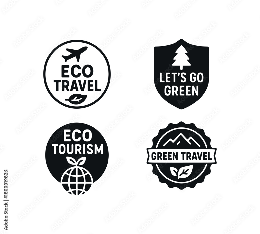Obraz premium eco travel badge set flat black solid vector illustration isolated on white background