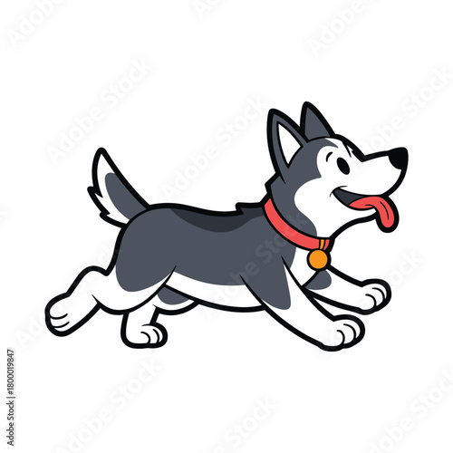 Cartoon husky dog running with tongue out and wearing a red collar with a medal playful vector illustration.