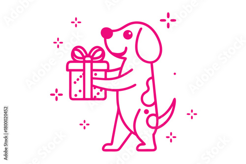 Cheerful cartoon dog is carrying a gift box outlined in bright pink color