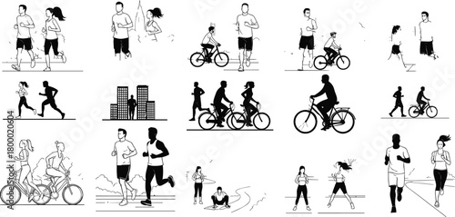 fitness, outdoor, silhouette, jogging, running, cycling, stretching, jump, rope, motion, health, urban, nature, activity, lifestyle