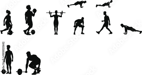 fitness, exercise, silhouette, weightlifting, strength, push-up, squat, deadlift, running, motion, posture, endurance, barbell, training, athlete