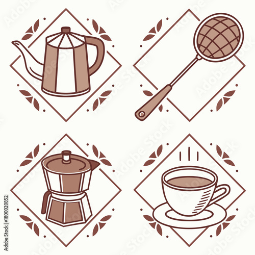Coffee time icons isolated on moka pot, cup, strainer, teapot