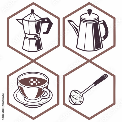 Coffee time icons isolated on moka pot, cup, strainer, teapot