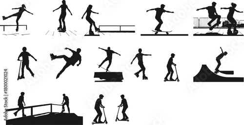 skatepark, silhouette, skateboarding, rollerblading, scooter, ramp, trick, motion, balance, sport, action, youth, freestyle, gear, ride