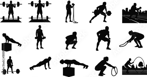 fitness, exercise, silhouette, gym, workout, strength, motion, endurance, push-up, squat, rope, jump, barbell, resistance, urban