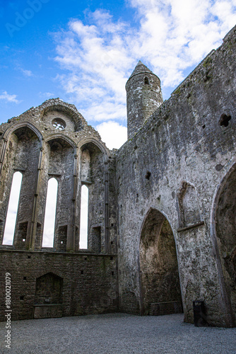 Inside the Castle the Rock of Cashel or Cashel of the Kings and St. Patrick Rock at Cashel, Ireland. Blue sunny sky. 