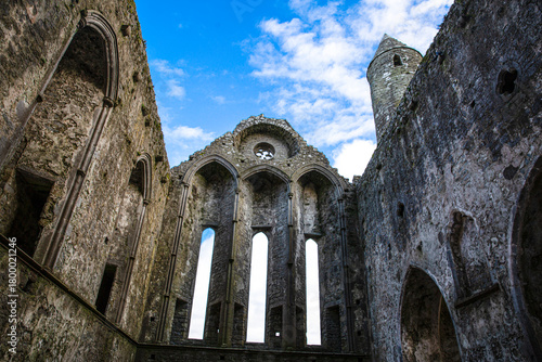Inside the Castle the Rock of Cashel or Cashel of the Kings and St. Patrick Rock at Cashel, Ireland. Blue sunny sky. 