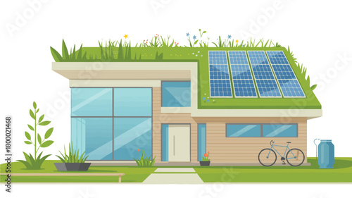 Modern eco house vector illustration with solar panels and green roof and front yard garden flat design style for website
