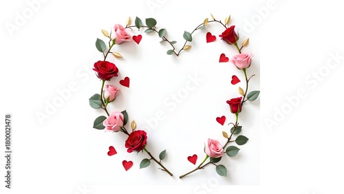 A love day background. A romantic Valentine's Day greeting card. A heart shape composed of red and pink roses intertwined with green leaves and small red hearts, set against a clean white background. 
