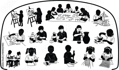 children, creativity, silhouette, painting, drawing, building, sculpting, knitting, science, learning, activity, clay, blocks, education, hands-on