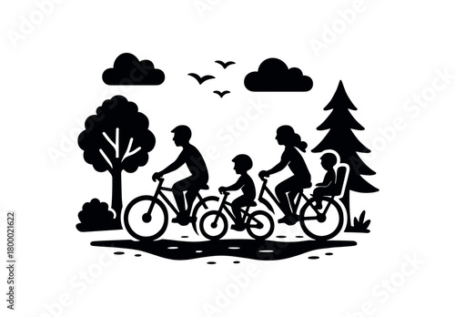family cycling through nature park flat black solid vector illustration isolated on white background