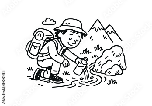 handdrawn cute doodle style hiker refilling bottle at mountain stream vector line illustration