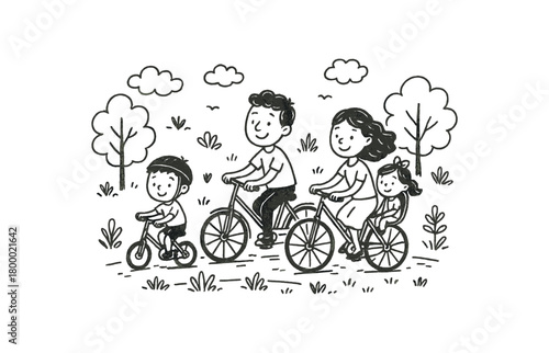 handdrawn cute doodle style family cycling through nature park vector line illustration