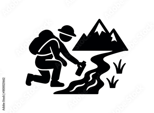 hiker refilling bottle at mountain stream flat black solid vector illustration isolated on white background