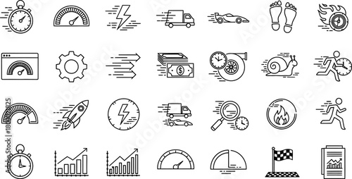 Collection of hand drawn speed and performance icons representing fast delivery and business growth