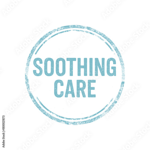 Round rubber stamp SOOTHING CARE uppercase pastel blue ink tone faded texture circular border