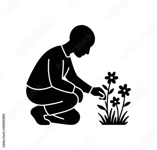 person picking wildflowers mindfully flat black solid vector illustration isolated on white background