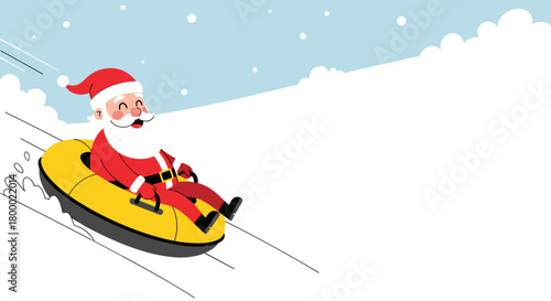 Santa Claus sledding down a snowy hill on a bright yellow snow tube copy space