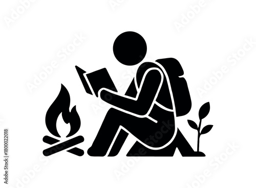 eco traveler reading book by campfire flat black solid vector illustration isolated on white background