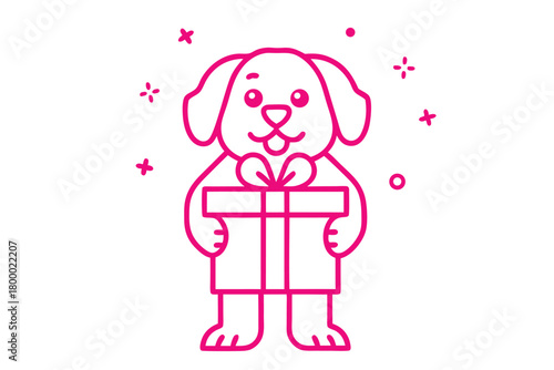 Cute pink cartoon dog proudly presents a gift box with cheerful confetti