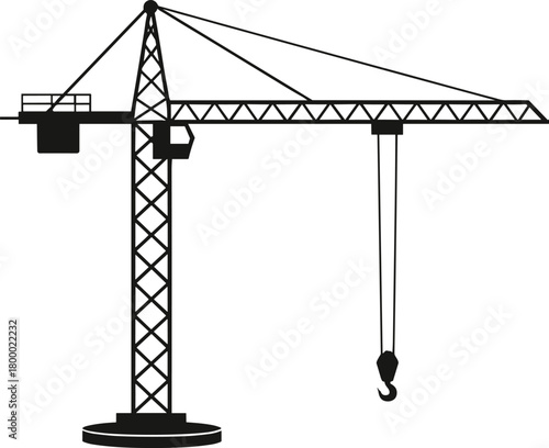 Construction tower crane silhouette illustration, heavy lifting industrial equipment, engineering structure for building site, urban construction and architectural development concept design