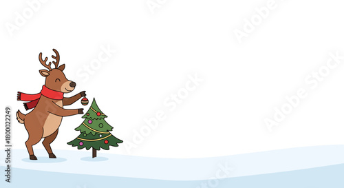 Cheerful reindeer decorating a small Christmas tree in a snowy landscape copy space