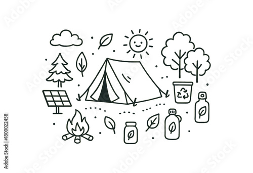 handdrawn cute doodle style sustainable campsite scene vector line illustration