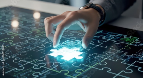 Hand placing glowing puzzle piece on digital puzzle board.