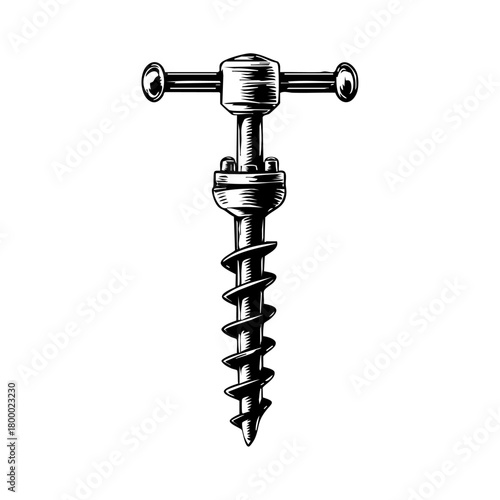 Manual ice auger with spiral blade representing ice fishing equipment, winter outdoor sports and cold-weather drilling tools.