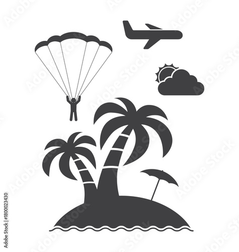 paraglider parachute and plane fly in cloud sky over tropical island icon
