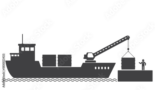 cargo ship with crane load oil tank in harbor icon