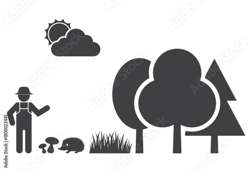 woodman in forest and hedgehog with mushroom icon