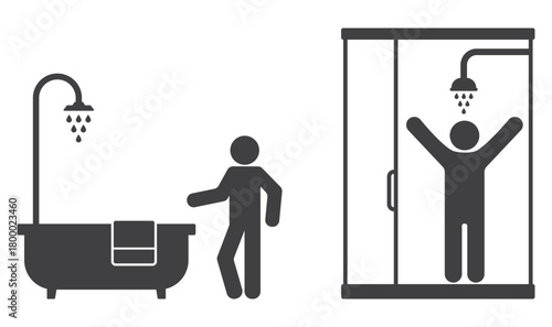 person in bathroom with bathtub and shower cabin icon set