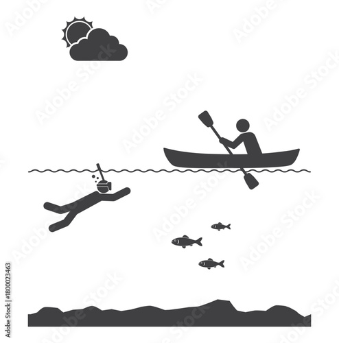 people snorkel underwater and swim on canoe boat icon
