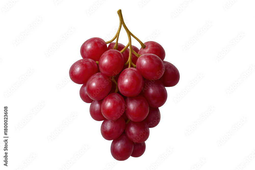Fototapeta premium Bunch of fresh red grapes hanging from a vine stem, showcasing healthy and ripe fruit on transparent background