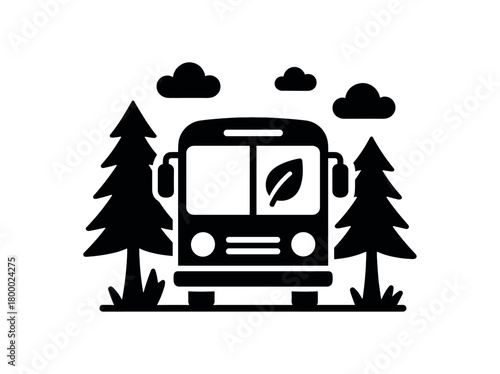 eco bus traveling through forest flat black solid vector illustration isolated on white background