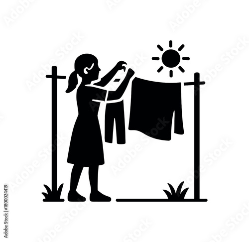 woman drying clothes sunlight flat black solid vector illustration isolated on white background