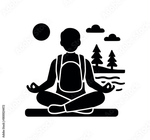 solo traveler meditating by river flat black solid vector illustration isolated on white background