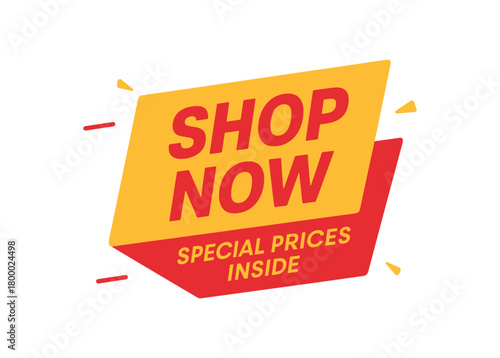 Flat vector banner design text SHOP NOW subtitle Special Prices Inside bold uppercase lettering with and red color scheme modern dynamic shape
