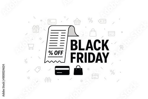 flat vector banner BLACK FRIDAY receipt slip illustration curling from top with line items and % OFF headline beside icons (card bag) light gray pattern minimal commerce metaphor