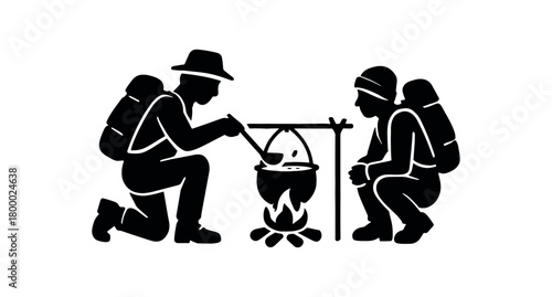 hikers cooking soup on fire flat black solid vector illustration isolated on white background