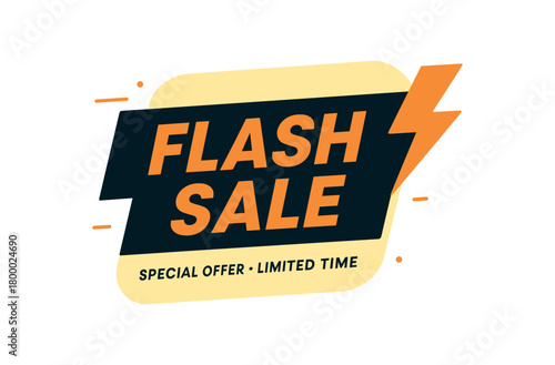 Flat vector banner design text SALE subtitle Special Offer Limited Time dynamic diagonal black with orange lightning accent pale background
