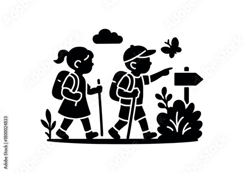 kids exploring nature trail flat black solid vector illustration isolated on white background