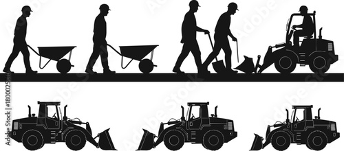 Construction workers and bulldozers illustration, teamwork at construction site, heavy machinery, manual labor, engineering equipment, and road building concept in black silhouette style