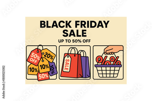 flat vector banner set BLACK FRIDAY SALE composition with three scenes inside one : 1) discount tag cluster 2) shopping bags with sale tickets ) basket full of percent signs held by hand