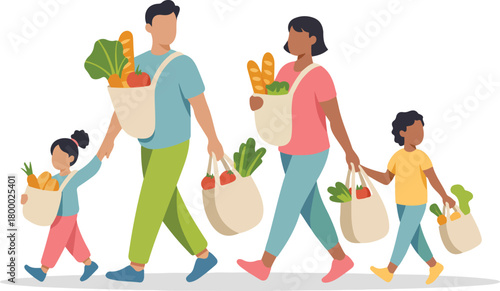 Family shopping with reusable bags vector illustration family walking together sustainable lifestyle flat design style for website
