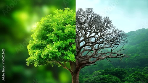 Split image shows tree contrast vibrant green growth versus barren dead branches, represents environmental change, climate crisis, drought impact on nature, sustainability, planeta